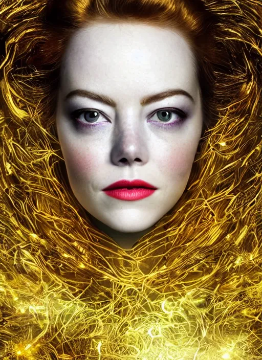 Image similar to glowing silver and golden elements, full close-up portrait, mixture of Emma Stone and Ryan Gosling as a dark witch, book cover, green forest, white moon, red lips, establishing shot, extremly high detail, photo-realistic, cinematic lighting, pen and ink, intricate line drawings, by Yoshitaka Amano, Ruan Jia, Kentaro Miura, Artgerm, post processed, concept art, artstation, matte painting, style by eddie, raphael lacoste, alex ross