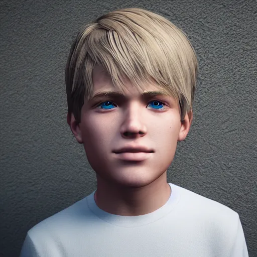 Image similar to a detailed portrait of boy with blonde hair and blue eyes, unreal engine 5 rendered, incredibly highly detailed and realistic, 8 k, sharp focus, studio quality