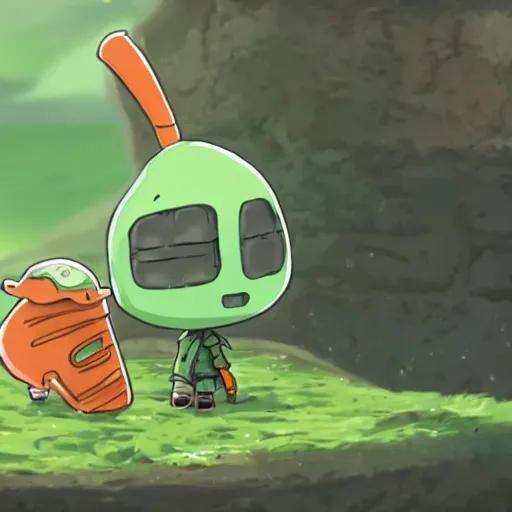 Image similar to cute little robot with big avocado hat and a carrot sword, made in abyss style