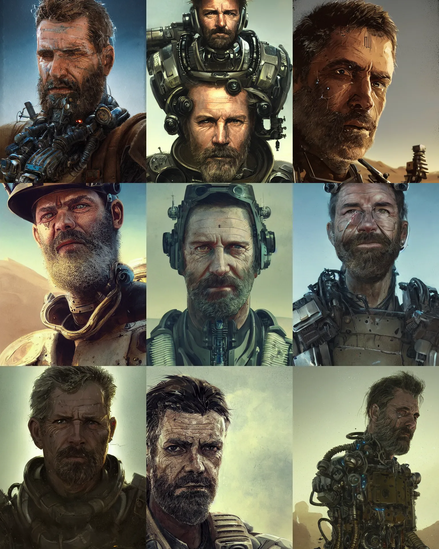 Prompt: a rugged middle aged operator man with cybernetic enhancements and unique hair lost in the desert, scifi character portrait by greg rutkowski, esuthio, craig mullins, short beard, green eyes, 1 / 4 headshot, cinematic lighting, dystopian scifi gear, gloomy, profile picture, mechanical, half robot, implants, steampunk