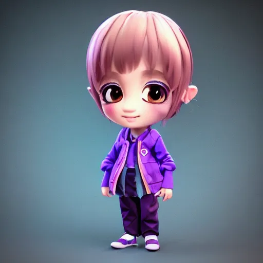 Image similar to portrait of a chibi very cute girl with purple jacket design by antonio mello, carlos ortega elizalde, character modeling, toy design, substance 3 d painter, blender, mental ray, zbrush, soft vinyl, bio luminescent, maximalist sculpted design portrait, studio photo, 7 0 mm lens, trending in artstation