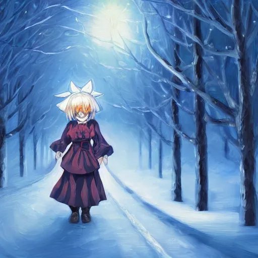 Image similar to cirno in a snowy landscape, touhou character, oil painting by Dan Mumford, anime portrait