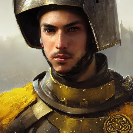 Image similar to Medium closeup young idealistic and pious male Imperial soldier wearing a black and yellow tabard over a gambeson and a steel open helm, by Raymond Swanland Greg Rutkowski Lise Deharm, {perfect face}, {perfect eyes}