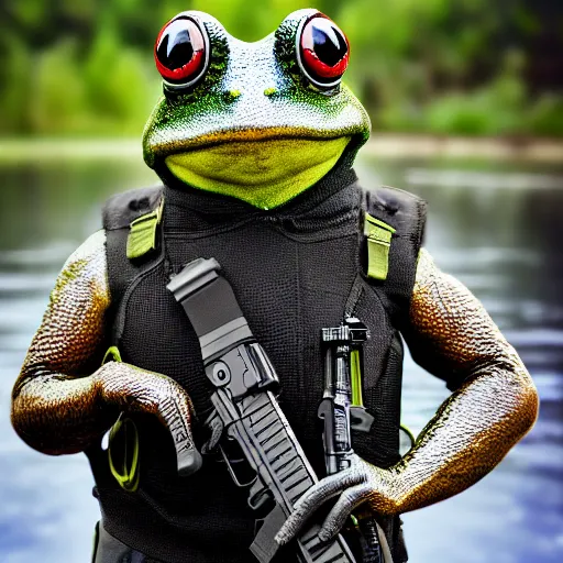 Image similar to professional photograph of an anthropomorphic frog wearing a kevlar vest and holding a black rifle in a swamp, 8 k, very intricate, very detailed, serious,