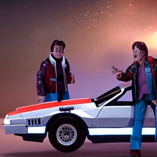 Prompt: Doc and Marty McFly standing in front of their delorian car, in the style of Futurama