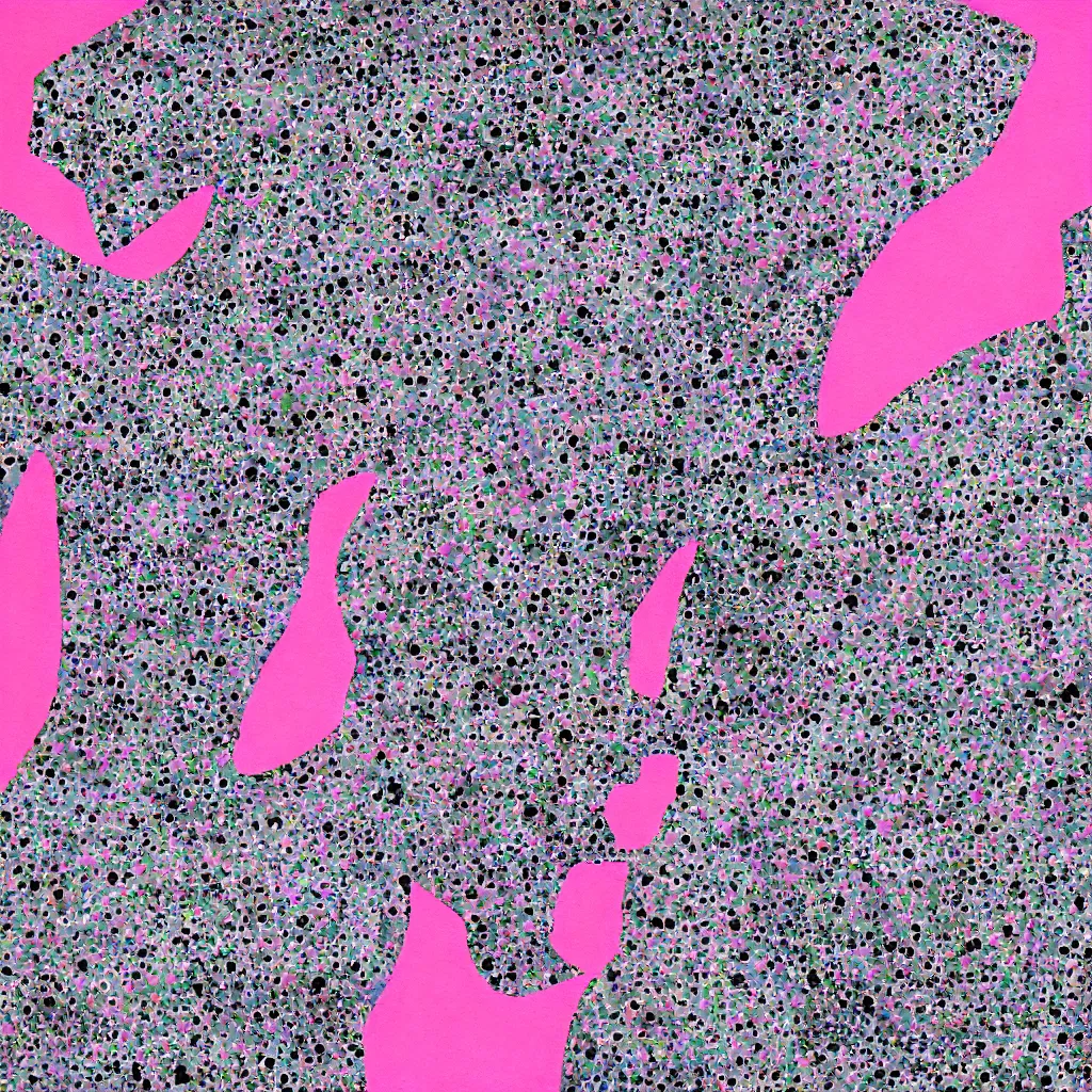 Image similar to camo made of out teeth, smiling, abstract, maya bloch artwork, pink convertible, do hoang tuong artwork, cryptic, dots, stipple, lines, splotch, concrete, color tearing, pitch bending, faceless people, tribal, dark, ominous, eerie, minimal, points, technical, painting