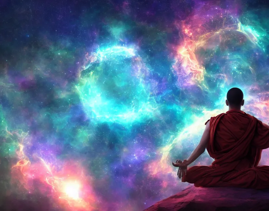 Image similar to energy meditating monk in space, nebula, stars, realistic, beautiful texture, beautiful graphics, fantasy artwork, very beautiful scenery, hd, hdr, ue 5, ue 6, unreal engine 5, cinematic 4 k wallpaper, 8 k, ultra detailed