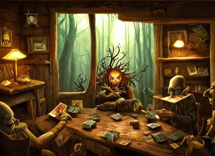 Image similar to interior of a dark cabin. a leshy forces you to play a tabletop card game. painting by dan volbert and mandy jurgens and deiv calviz and lim chuan shin