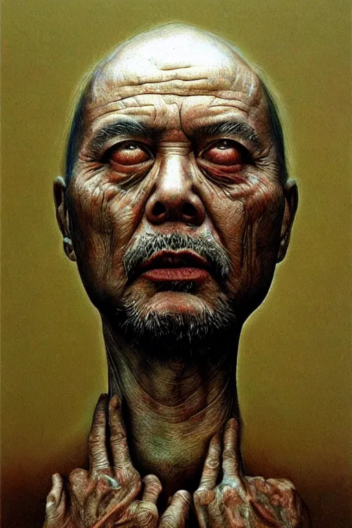 Prompt: ascii, hyperrealism oil painting, portrait scary ai weiwei style zdzislaw beksinski