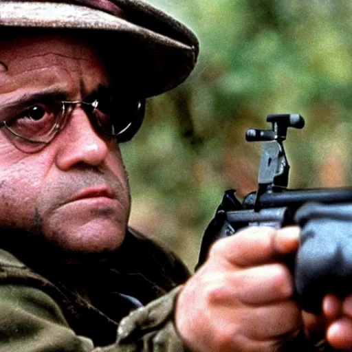 Image similar to A still of Danny Devito as Rambo in Rambo First Blood (1982)