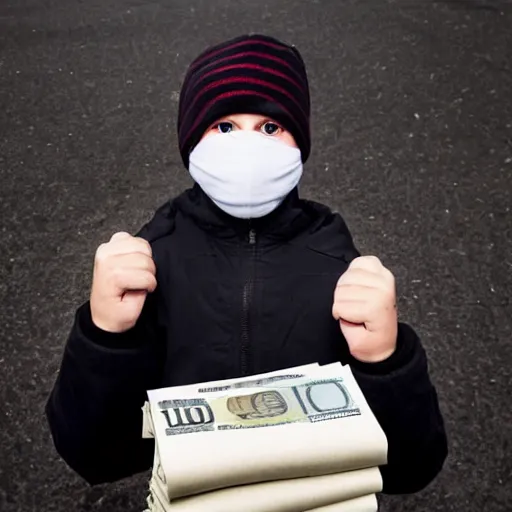 Image similar to A stunning beautiful full body photograph of kid in a ski mask holding two full bags of cash, from Time magazine, award winning, taken with Sony alpha 9, sigma art lens, full body shot