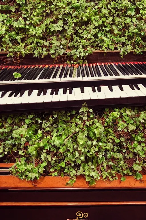 Prompt: An old piano covered in vines, in the style of wolfgang hutter