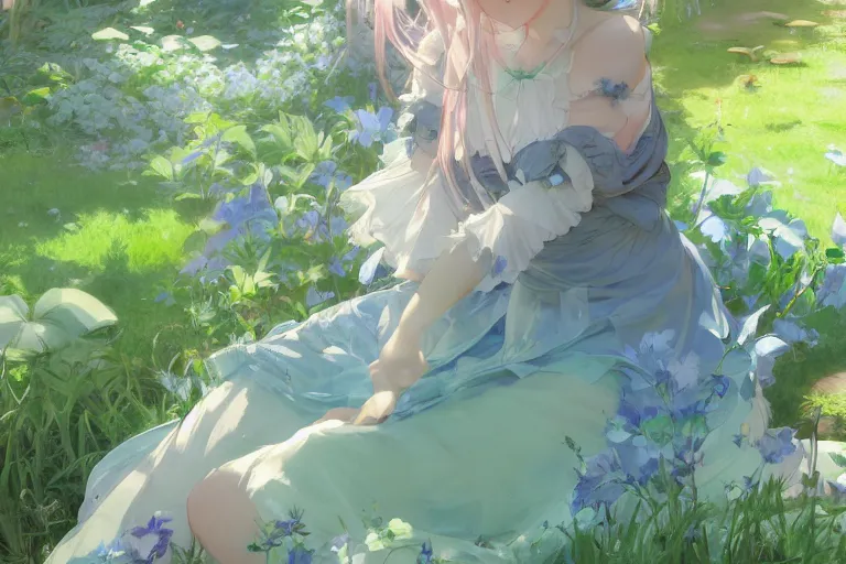 Image similar to a depressed digital art, loli in dress, garden, green and warm theme, blue accents, back lighting, highly detailed, 4 k resolution, trending on art station, by krenz cushart and mucha and akihito yoshida and greg rutkowski and makoto shinkai