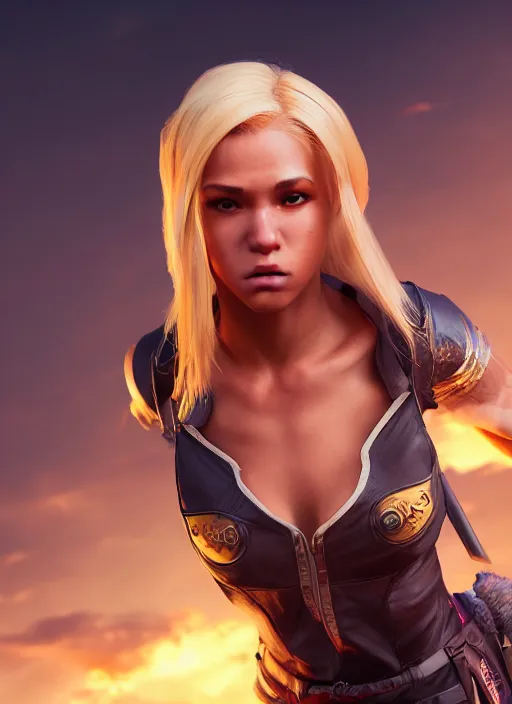 Image similar to An epic fantasy comic book style portrait painting of an athletic female thief with blonde hair dancing, unreal 5, DAZ, hyperrealistic, octane render, cosplay, RPG portrait, dynamic lighting, high detail