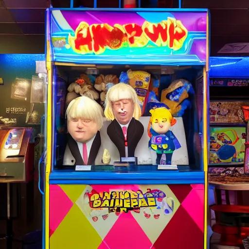 Image similar to an arcade claw machine filled with plush toys that look like boris johnson,