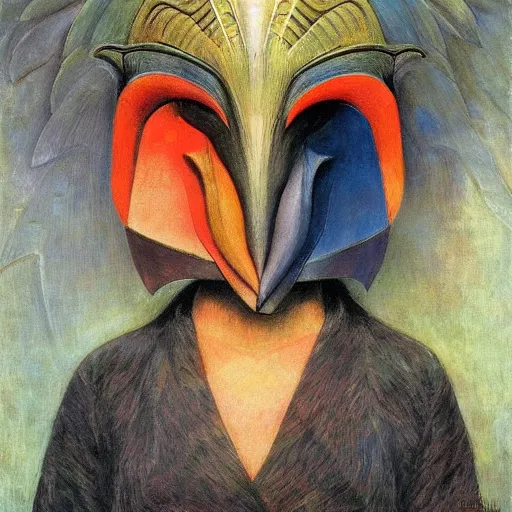 Image similar to the last guest in her Art Deco bird mask, by Annie Swynnerton and Diego Rivera, symbolist, dramatic lighting, elaborate geometric ornament, god rays, soft cool colors,smooth, sharp focus, extremely detailed, Adolf Wölfli