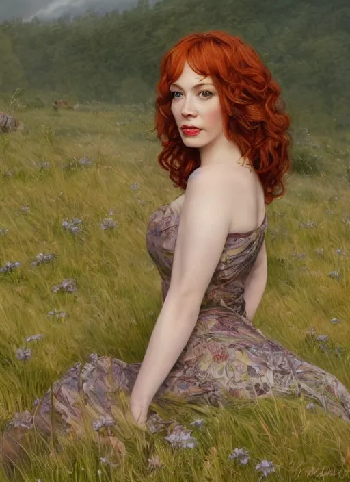 Image similar to Christina Hendricks taking a rest in a meadow after an long adventure, a ruggedly muscled handsome heroine, intricate, elegant, highly detailed, centered, digital painting, artstation, concept art, smooth, sharp focus, illustration, artgerm, donato giancola, Joseph Christian Leyendecker, WLOP, Artgerm, thunder storm