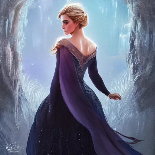 Prompt: portrait of older emma watson as elsa, fantasy dress,, intricate, elegant, highly detailed, digital painting, artstation, concept art, smooth, sharp focus, illustration, art by artgerm and greg rutkowski and alphonse mucha