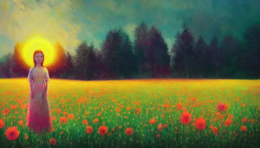 Image similar to girl with an blooming flower face, surreal photography, dream, standing in flower field, hills, big trees, sunrise dramatic light, impressionist painting, colorful clouds, digital painting, pointillism, artstation, simon stalenhag