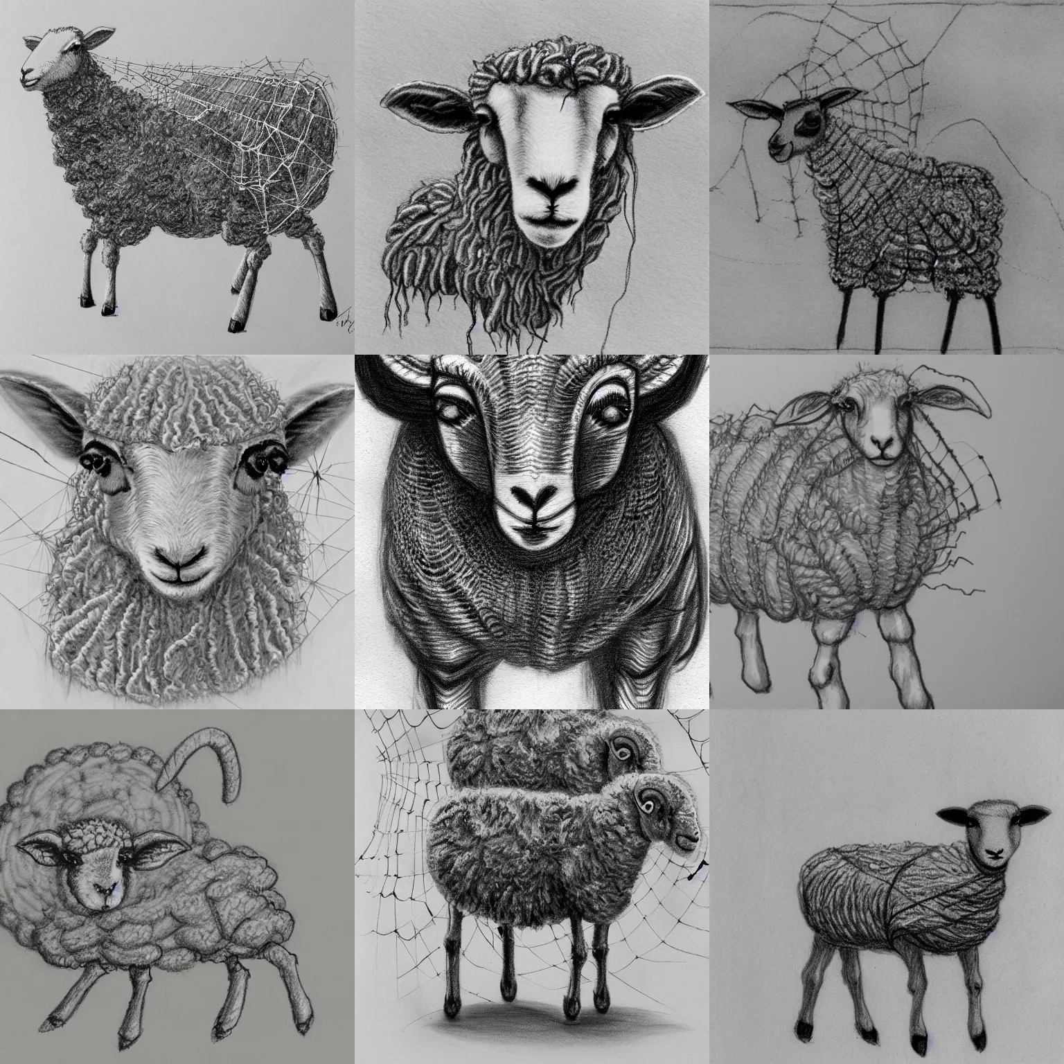 Prompt: sheep in spiderweb clothes. fusion between lamb and cobweb, pencil sketch, concept art