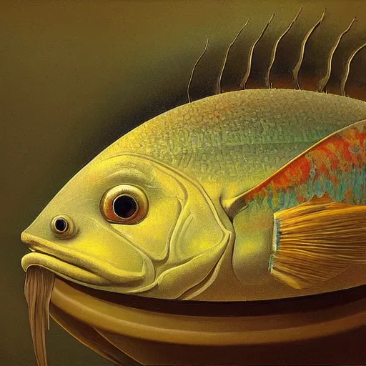 Image similar to a worried fish sitting on the top of a pile of fish, all the fish are inside a cooking pot, side view, by vladimir kush, dystopian art, rococo