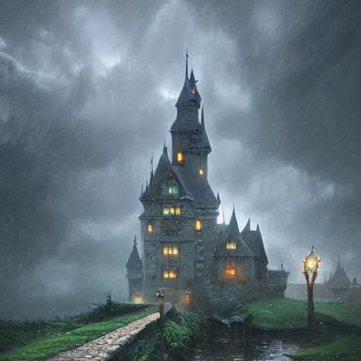 Prompt: a castle in the rainstorm by andreas rocha, ultra detailed, ultra wide angle