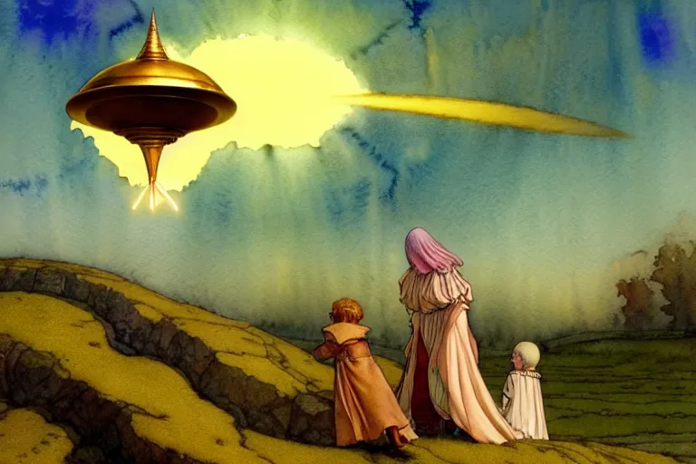 Image similar to a hyperrealist watercolor concept art of an elegant golden ufo in the sky abducting a medieval peasant child. very muted colors, by rebecca guay, michael kaluta, charles vess. high detail, hq, wide shot, 4 k