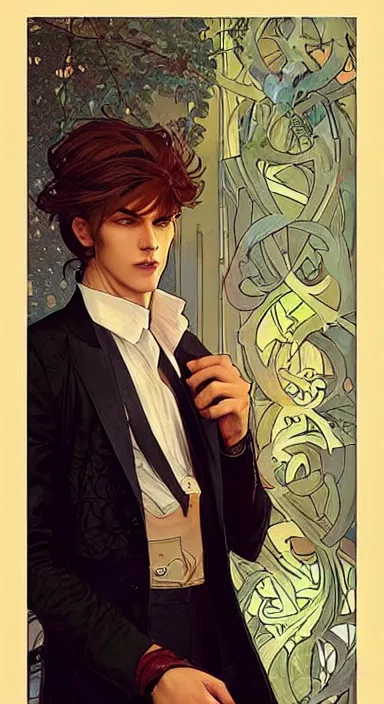 Prompt: Pretty catboy in his twenties wearing fancy clothes. Beautiful digital art by Greg Rutkowski and Alphonse Mucha