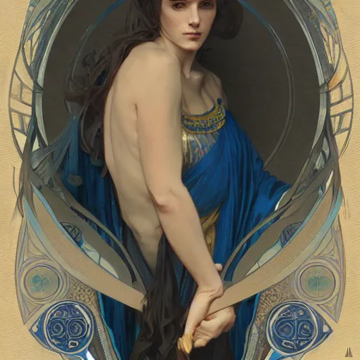 Prompt: Female wizard with blue robes, digital art, art by Alphonse Mucha, Greg Rutkowski, Alex Ross, WLOP, Artstation, 8K