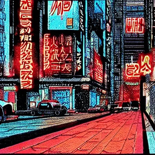 Prompt: blader runner city, weathered drawing, film grain, bright neon lighting, dark pastel colors, drawn by satoshi kon, katsuhiro otomo