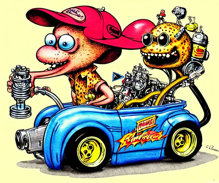 Prompt: cute and funny, wild child, wearing a helmet, driving a hotrod, oversized enginee, ratfink style by ed roth, roth's drag nut fuel, centered award winning watercolor pen illustration, isometric illustration by chihiro iwasaki, the artwork of r. crumb and his cheap suit, cult - classic - comic,