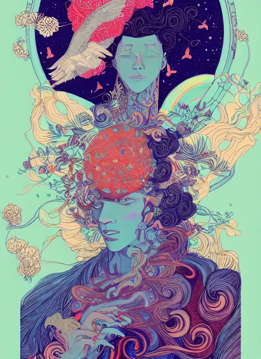 Image similar to beautiful illustration of apollo, in the style of james jean and victo ngai, mystical colors, trending on artstation