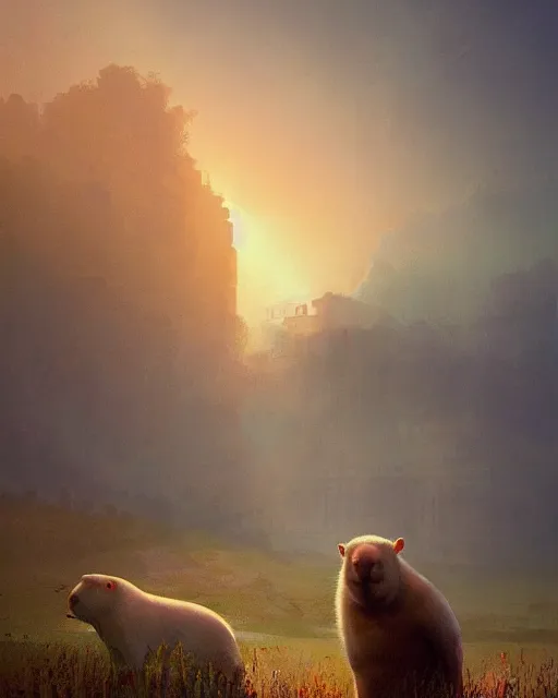 Prompt: white capybara looking over at the roman empire, surreal photography, sunrise dramatic light, impressionist painting, digital painting, artstation, kilian eng, john harris, bastien lecouffe - deharme, simon stalenhag, flower face