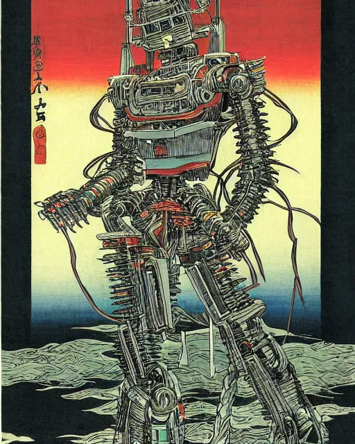 Image similar to Hiroshige portrait of a robot saint made of cables and robotic pod by Marc Silvestri