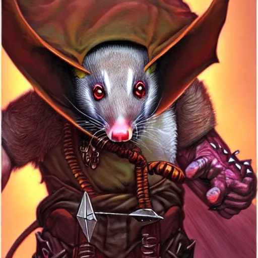 Prompt: humanoid opossum. The mood is weird. dungeons and dragons portrait. highly detailed, digital painting, artstation, concept art, sharp focus, illustration, art by Josh kirby and John romita jr and moebius