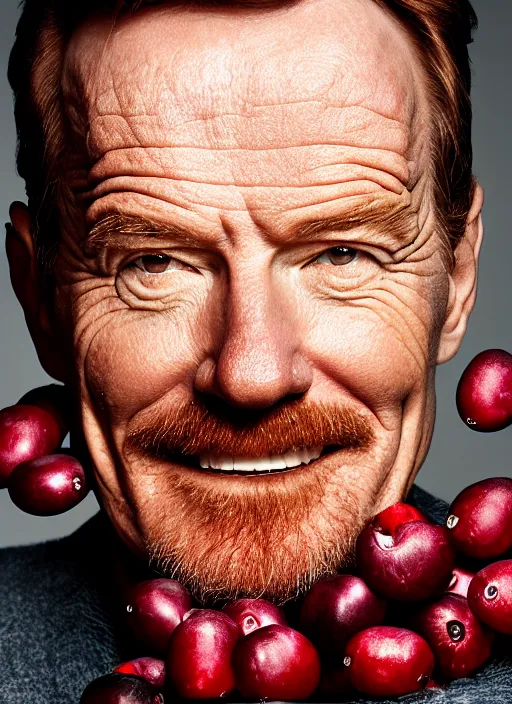 Image similar to closeup portrait of bryan cranston happy face surrounded by cranberries, food photography, natural light, sharp, detailed face, magazine, press, photo, steve mccurry, david lazar, canon, nikon, focus