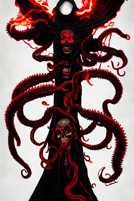 Image similar to A full body portrait of a mysterious character with a flaming skull with a very long hooded blood red and black cloak, tentacles coming out the ground art by Jason Chan and Maciej Kuciara, ominous, cosmic horror, trending on artstation, Ultra detailed, hyper realistic 4k