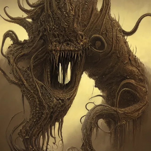 Image similar to concept art of a impossiblely long demonic wormlike creature with mismatched animal features with its bloody mouth open wide revealing too many teeth in the style of zdzisław beksinski in the style of h. r. giger trending on artstation deviantart pinterest furaffinity detailed realistic hd 8 k high resolution