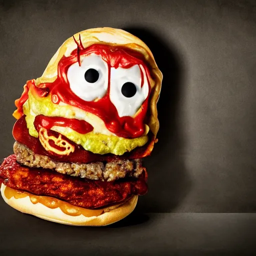 Image similar to a humanoid bipedal upright zombie that strongly resembles a hamburger, professional food photography