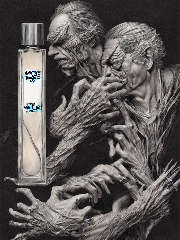 Prompt: fragrance advertising campaign by bernie wrightson, highly detailed