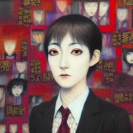 Image similar to yoshitaka amano blurred and dreamy realistic three quarter angle portrait of a young woman with short hair and black eyes wearing office suit with tie, junji ito abstract patterns in the background, satoshi kon anime, noisy film grain effect, highly detailed, renaissance oil painting, weird portrait angle, blurred lost edges