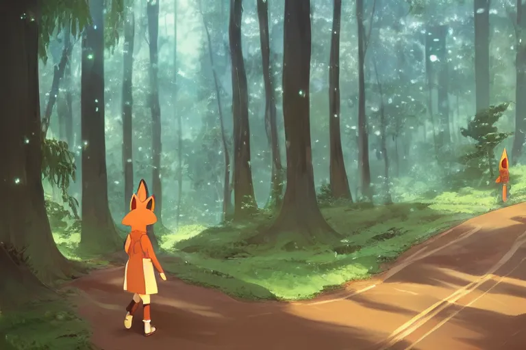 Prompt: an anthropomorphic fox traveler walks along an endless path amongst a towering forest, anime key visual, lois van baarle, ilya kuvshinov, rossdraws, artstation, furaffinity