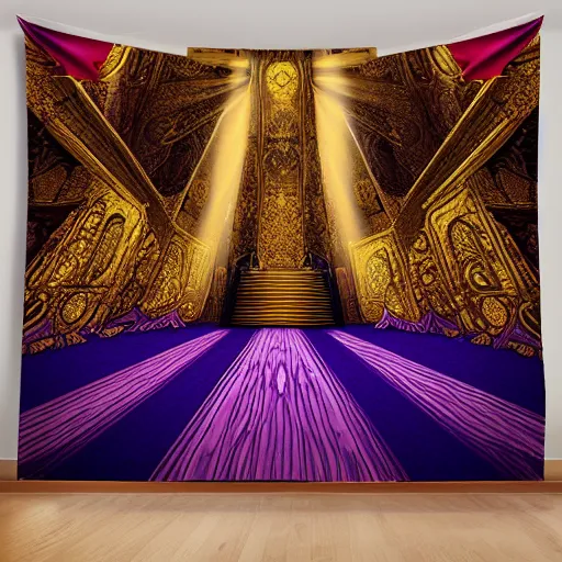 Prompt: Digital art of the golden throne room Imperial matte finish, ominous dramatic wide angle, god rays purple tapestries