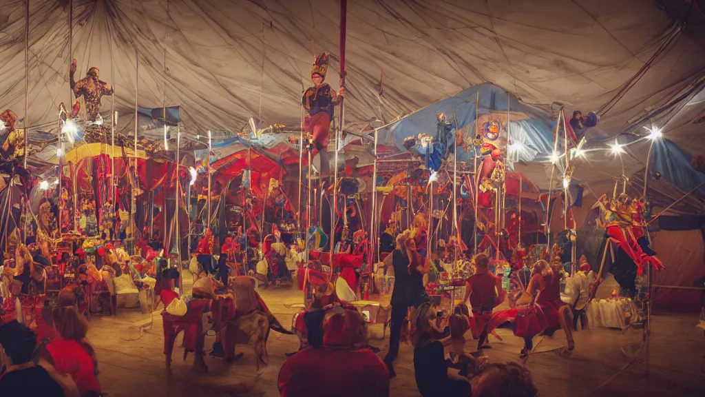 Prompt: of a gang of circus clowns, drinking alcohol, inside a circus tent