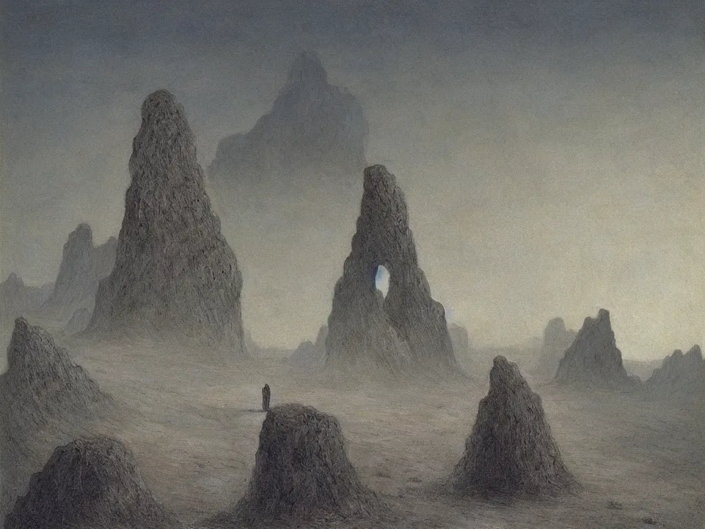 Image similar to Giant crystal rocks at the edge of a sandy beach. Mirror skull cave. Desolate, looming, trenchant, abyss. Painting by Caspar David Friedrich, Beksinski