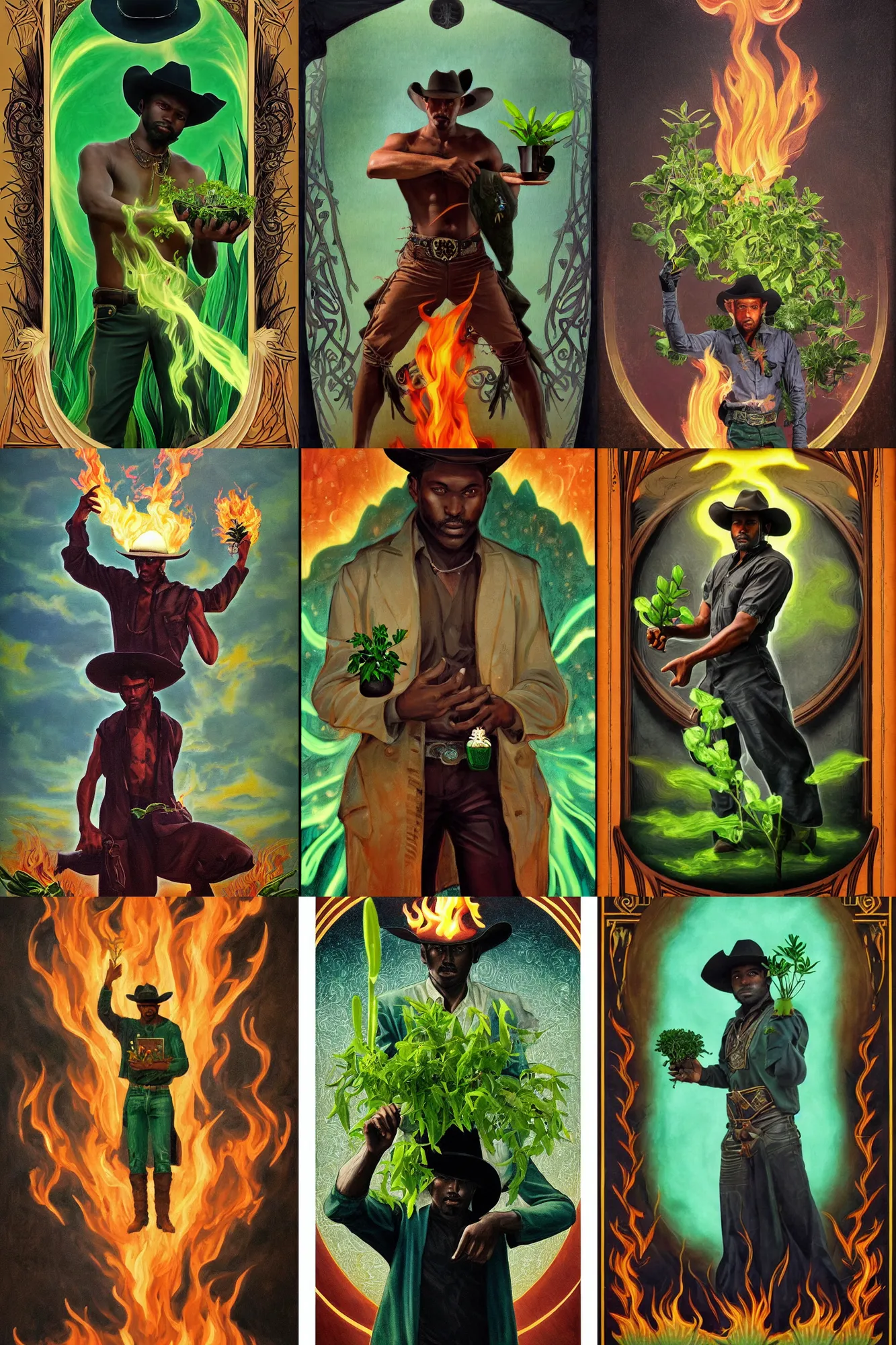 Prompt: a beautiful dramatic epic ethereal symmetrical painting of a cowboy holding a green plant in his hands | he is dark skinned and wearing a cowboy hat | background is an epic flames fire conflagration | tarot card, art deco, art nouveau | by Mark Maggiori | trending on artstation