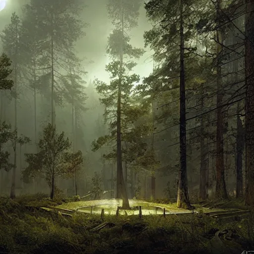 Prompt: mysterious perpetual energy facility, glowing, woods and wilderness, Ivan Shishkin and Greg Rutkowski