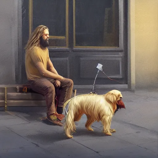 Image similar to oil painting of a young man with long hair blond and a beard hippie style with his golden retrever dog playing guitar in the square for money, people watching around, by greg rutkowski, artstation