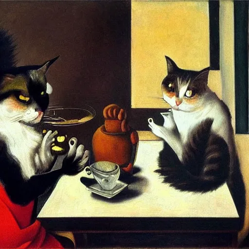 Prompt: highly detailed, 4k, oil painting of cats drinking coffee by Caravaggio, Matisse, and Rothko