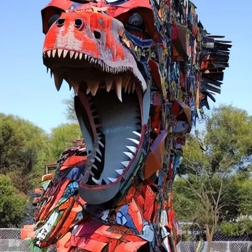 Image similar to photograph of a tyrannosaurus made of shipping containers, recycled shipping container sculpture